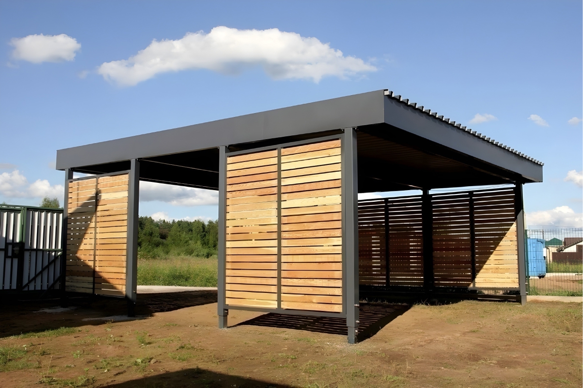 Односкатный автонавес из поликарбоната в стиле хай-тек для автомобиля